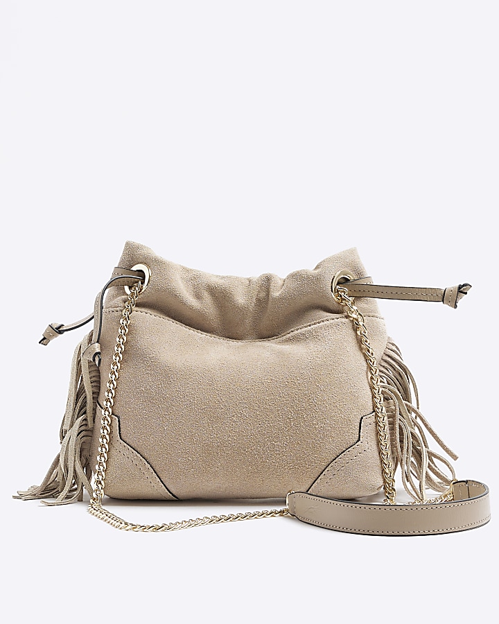 Beige suede fringe duffle bag