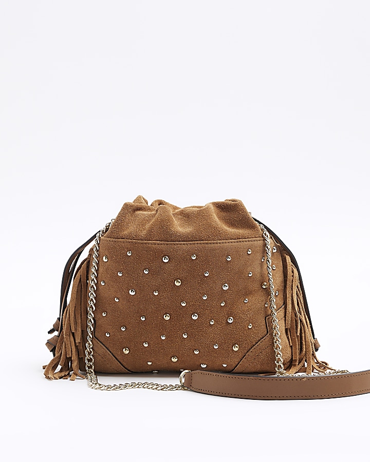 Brown suede studded fringe duffle bag