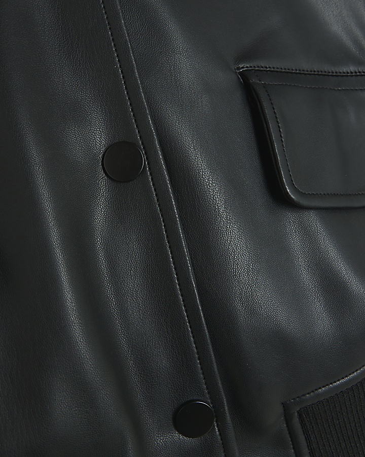 Black Faux Leather Crop Bomber Jacket
