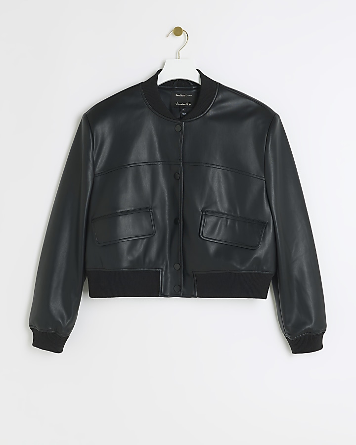 Black Faux Leather Crop Bomber Jacket