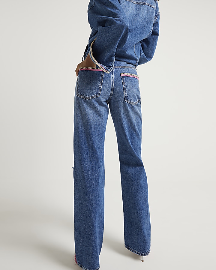 Blue stitch detail relaxed straight jeans