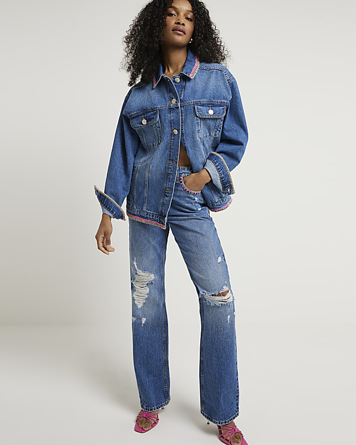 Blue stitch detail relaxed straight jeans