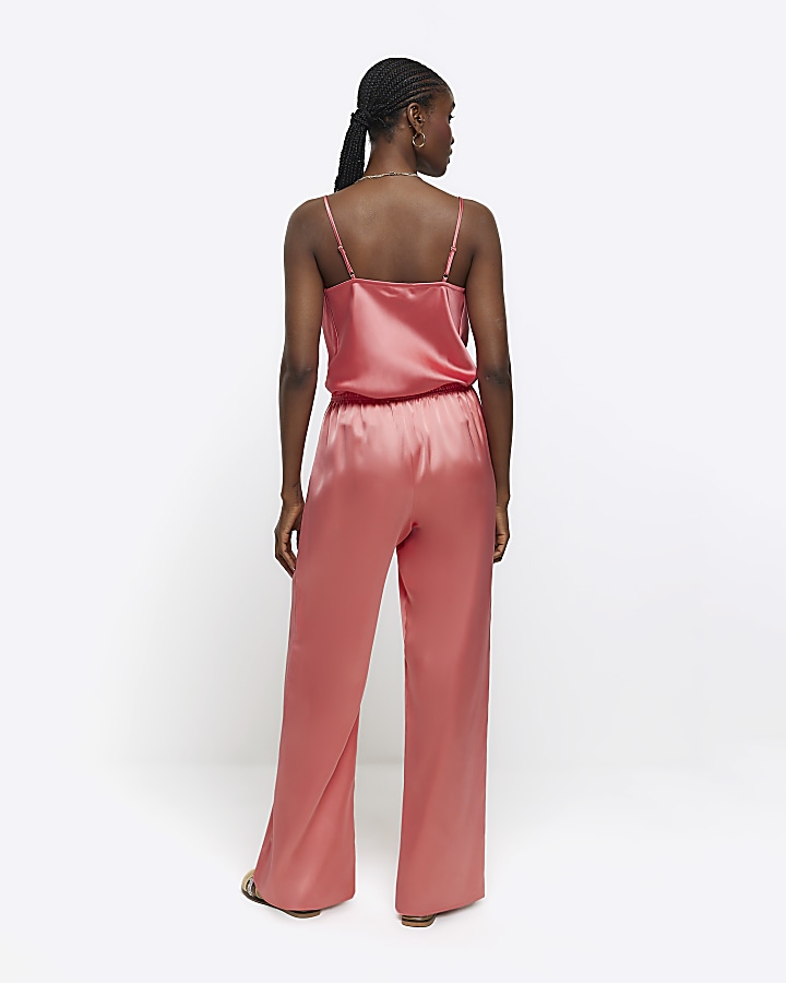 Coral satin pull on wide leg trousers