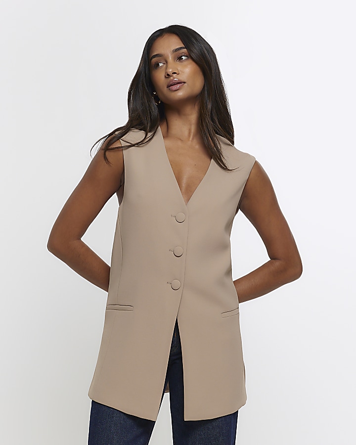 Beige oversized longline waistcoat