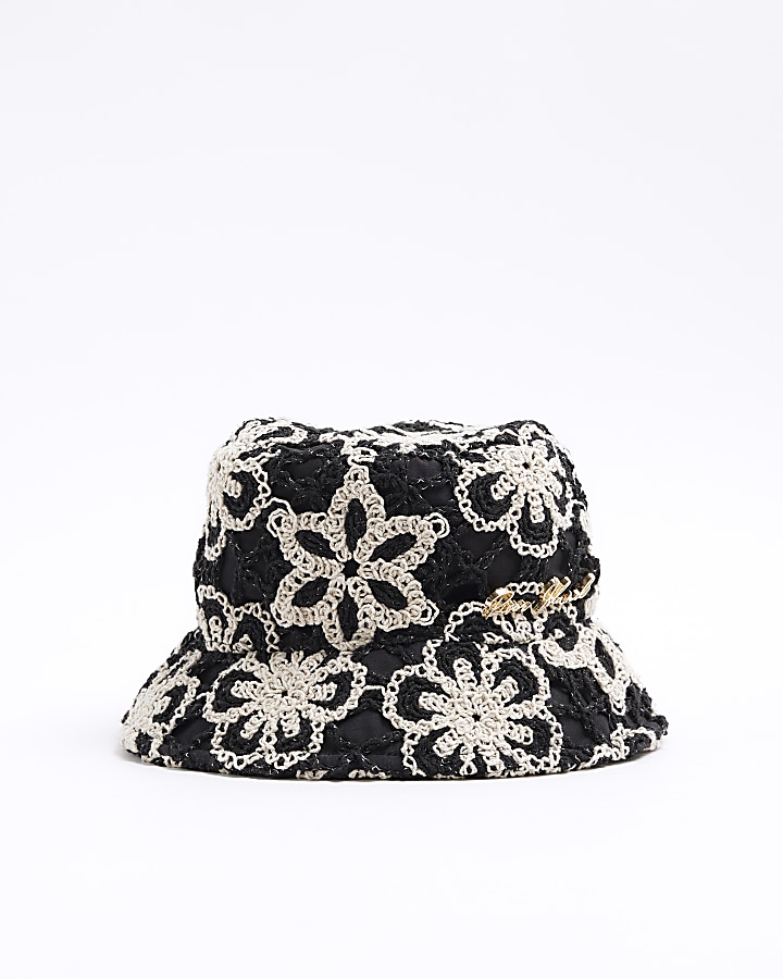 Black crochet floral bucket hat