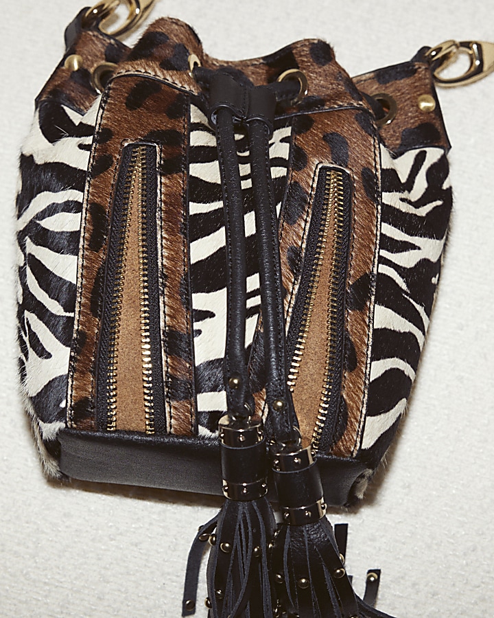 Brown leather animal print cross body bag | River Island