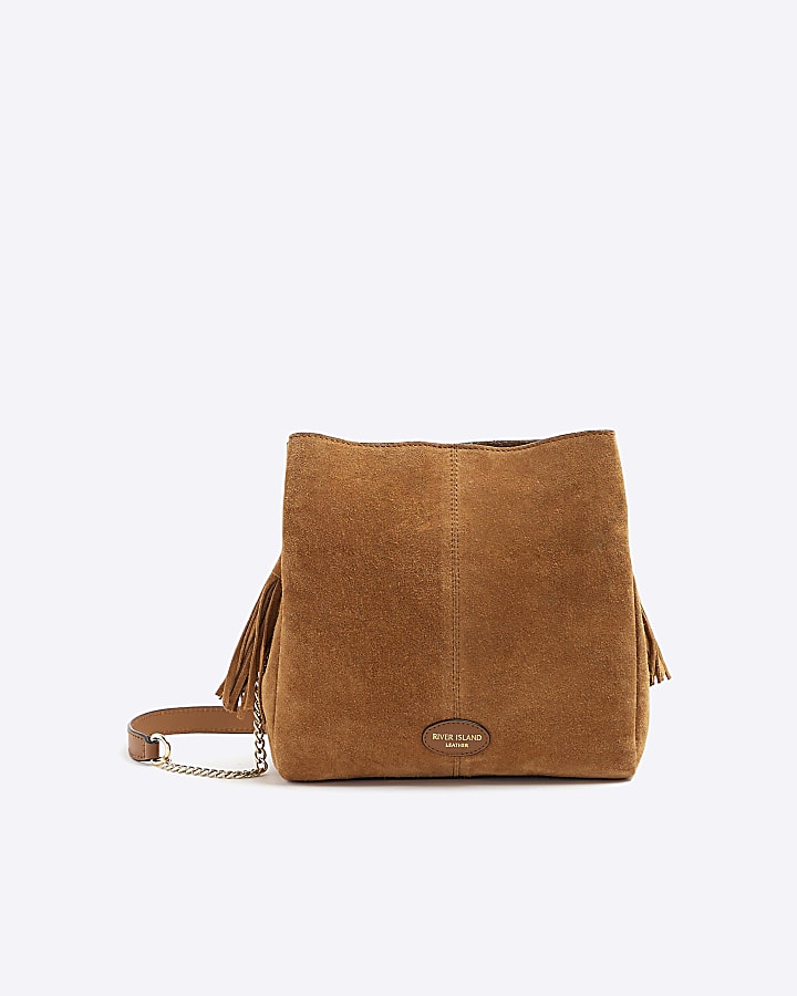 Brown suede chain strap tote bag