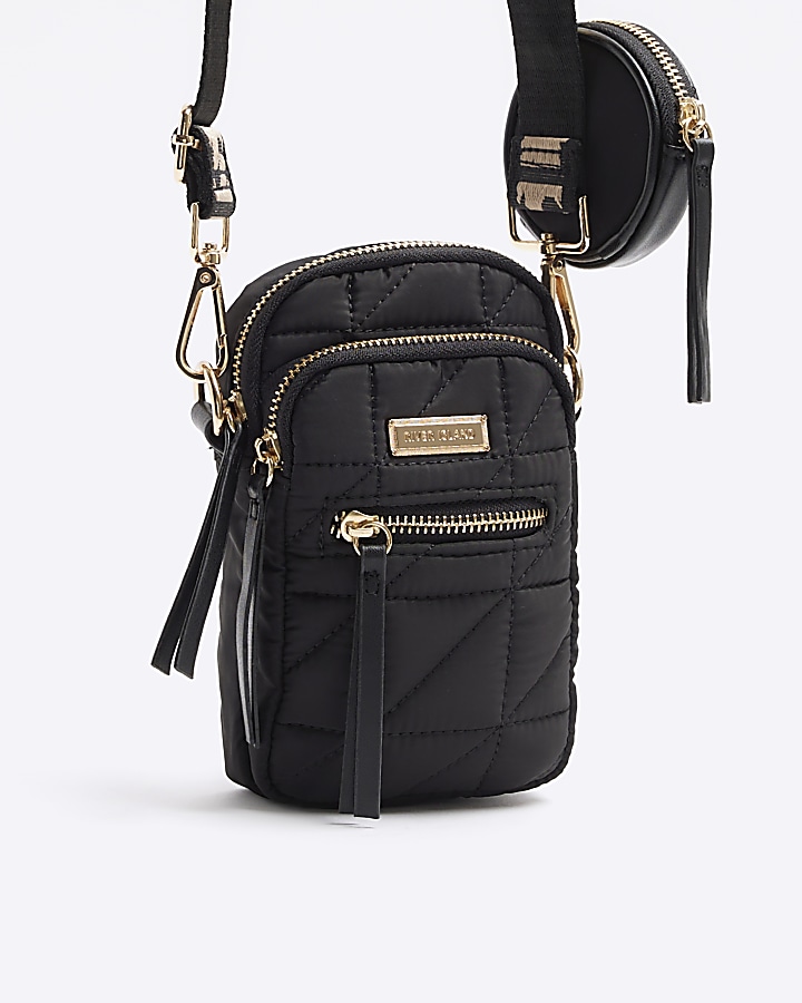 Black quilted pouch phone cross body bag River Island