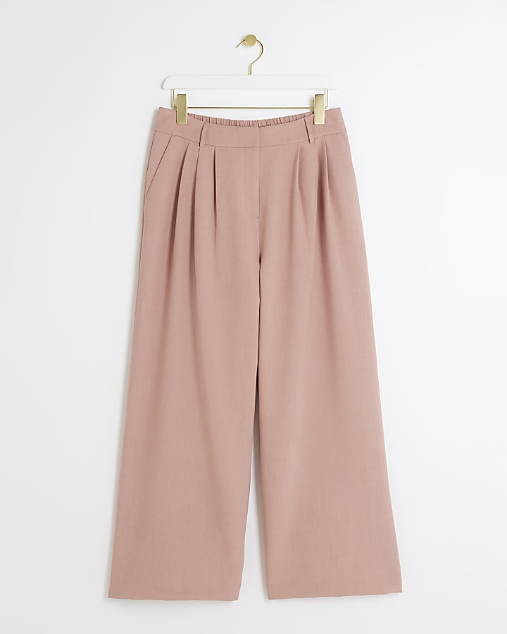 Petite pink pleated wide leg trousers