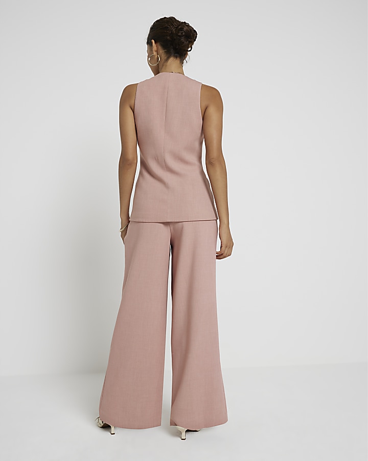 Petite pink pleated wide leg trousers