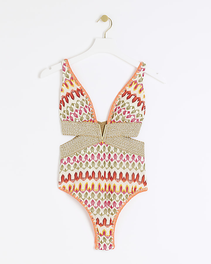 Cream crochet plunge swimsuit