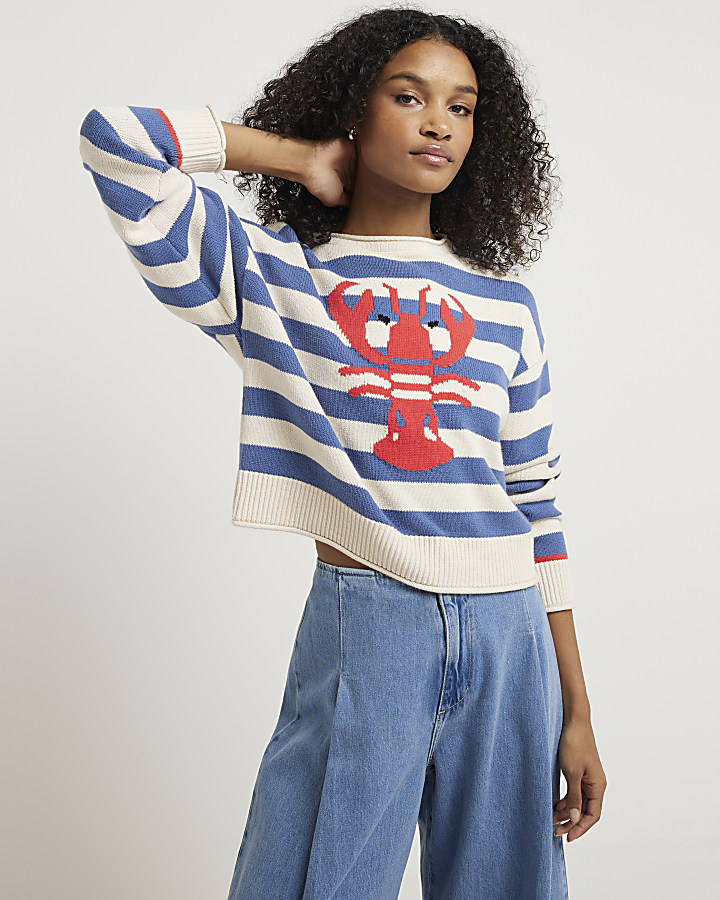 Blue stripe lobster embroidered jumper