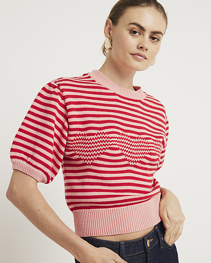 Pink stripe heart short sleeve jumper