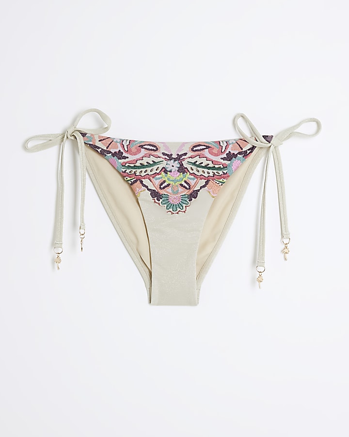 Cream paisley Embroidered Bikini Bottoms