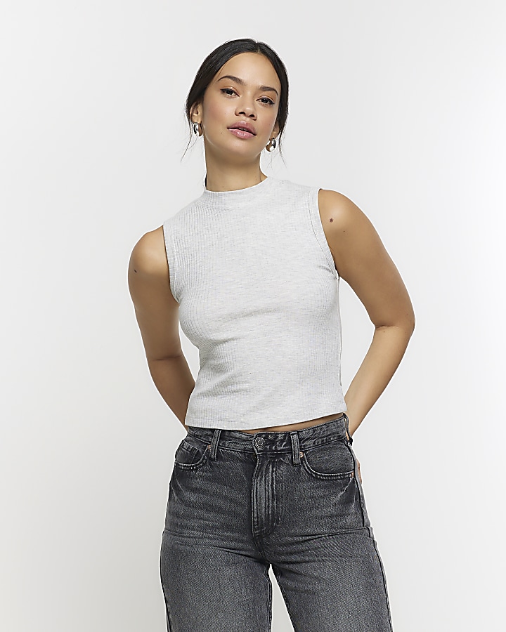 White Basic Rib High Neck Sleeveless Crop Top