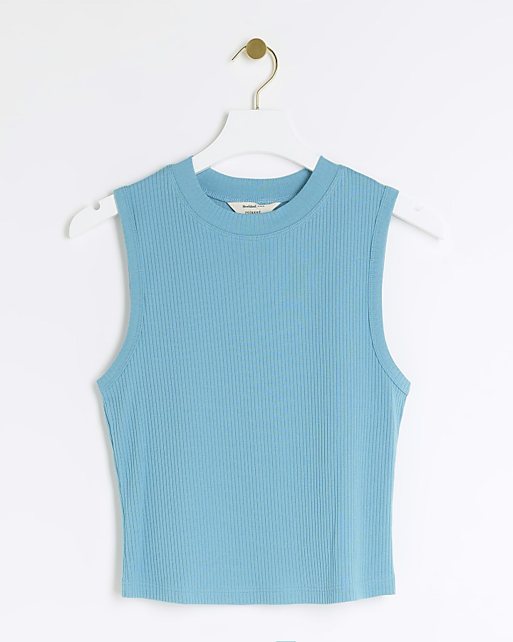 Blue rib high neck tank top River Island