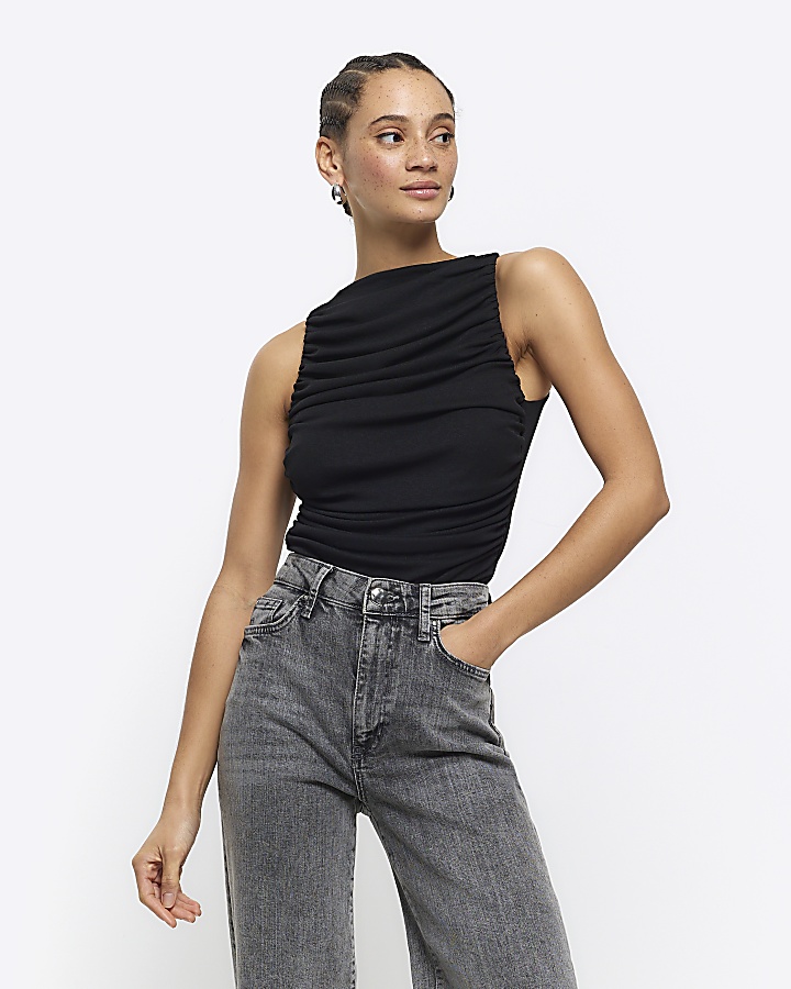 Black mesh ruched top | River Island