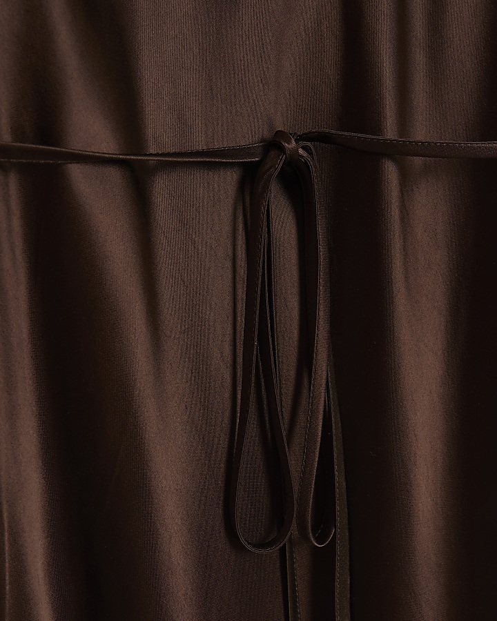 Brown satin belted slip midi dress River Island
