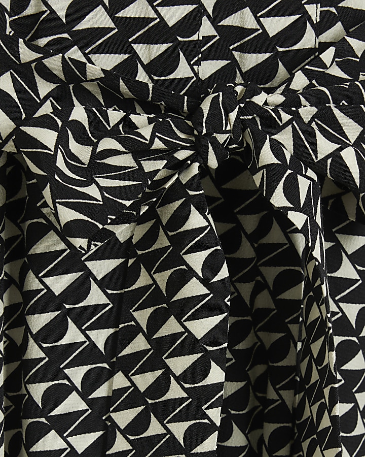 Black geometric belted midi shirt dress
