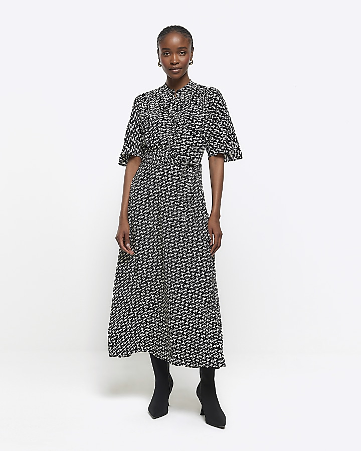 Black geometric belted midi shirt dress | River Island