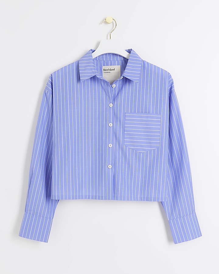 Blue stripe long sleeve crop shirt