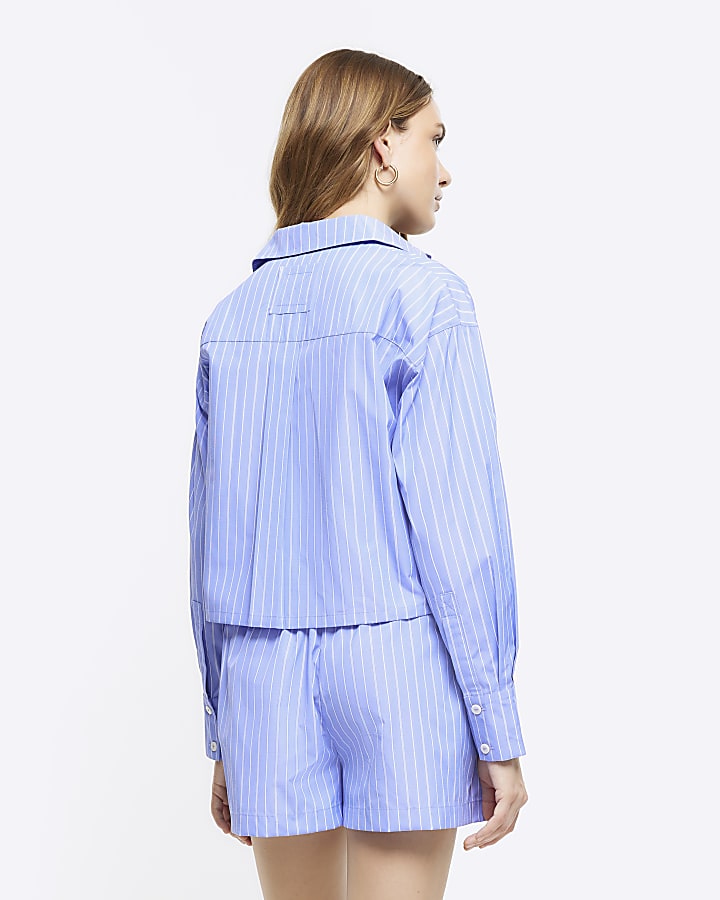 Blue stripe long sleeve crop shirt
