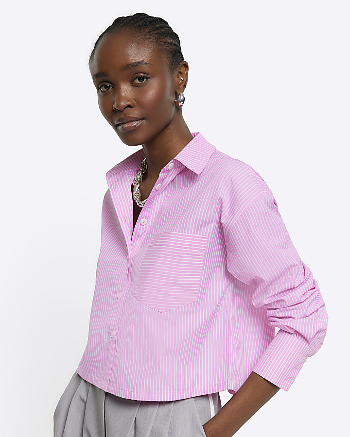 Pink stripe long sleeve crop shirt