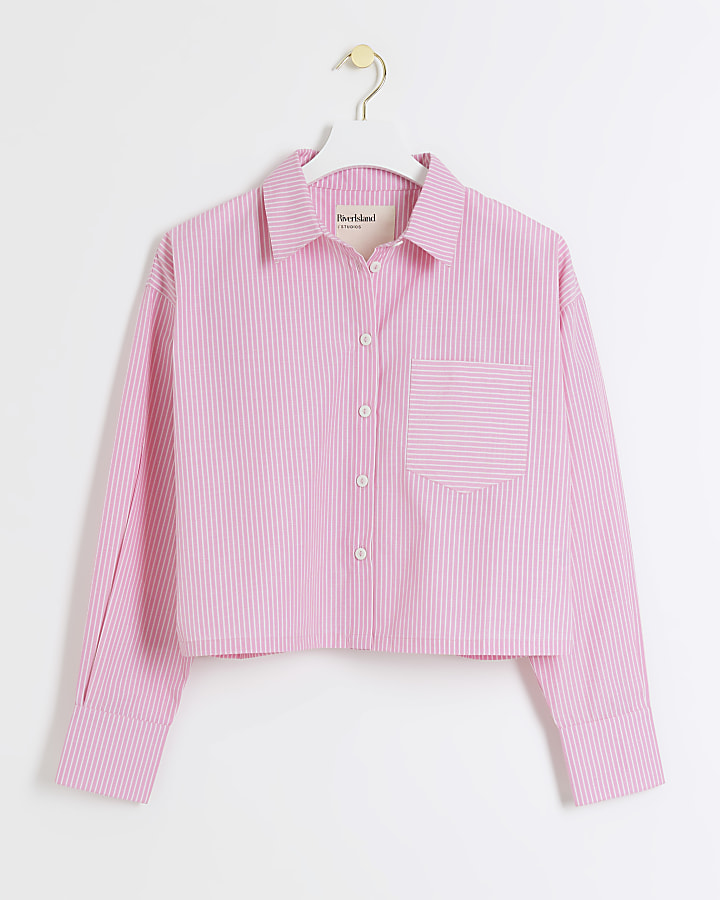 Pink stripe long sleeve crop shirt