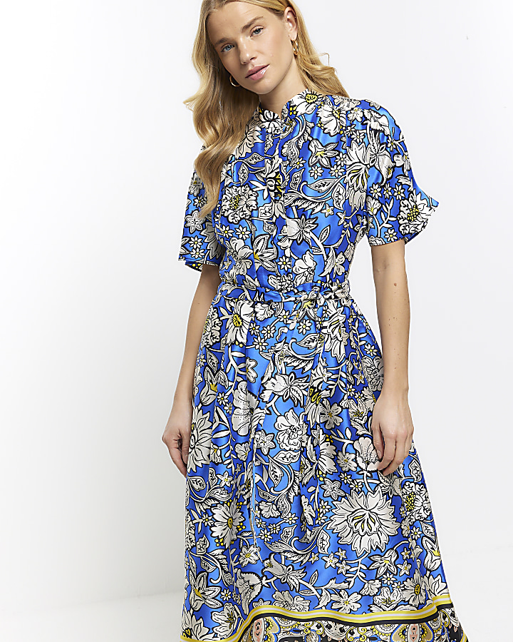 Blue satin floral belted midi shirt dress