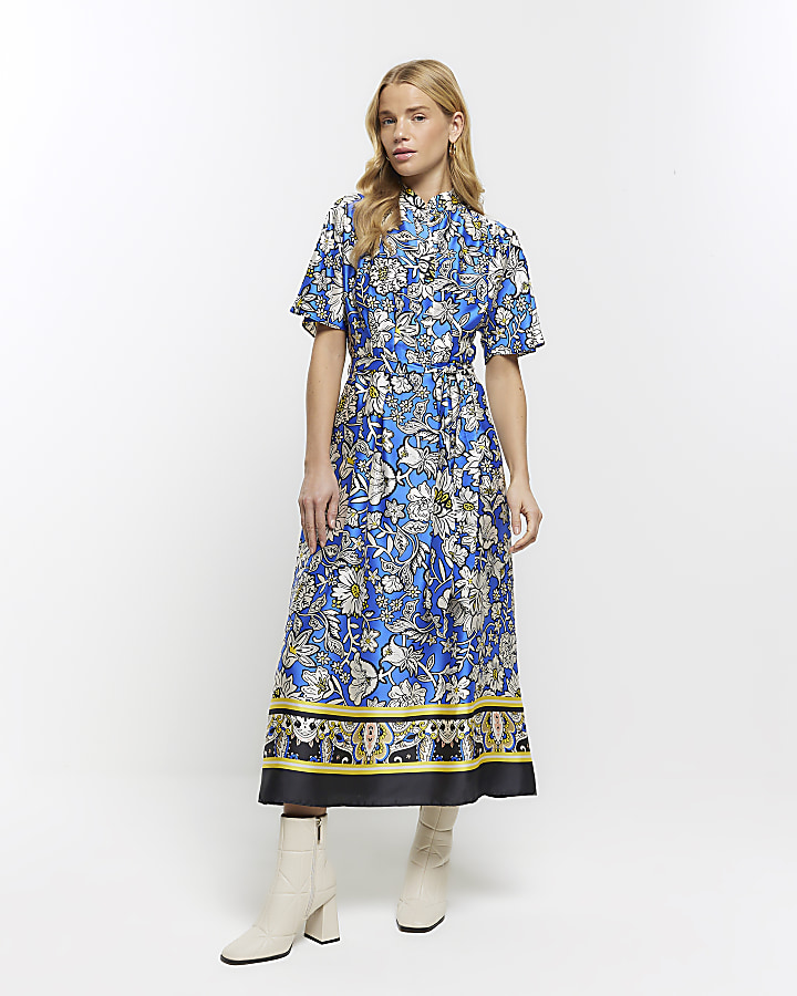 Blue satin floral belted midi shirt dress