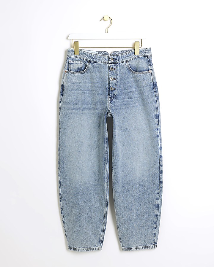 Blue high waisted buckle tapered jeans