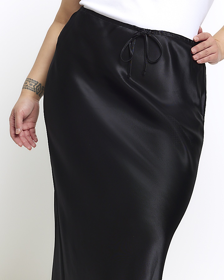Plus black tie waist midi skirt