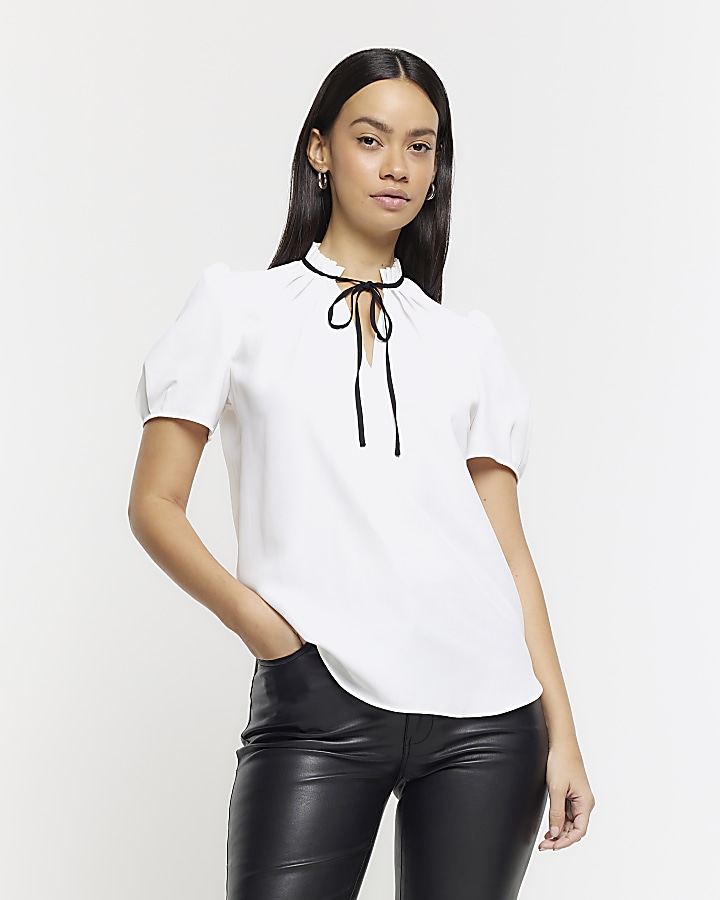 White tie neck short sleeve blouse