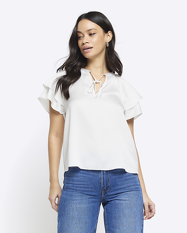 White satin short sleeve sales blouse