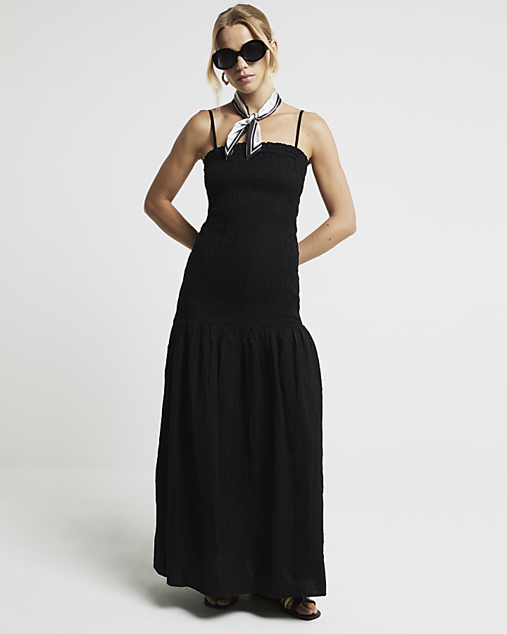 Black shirred bandeau maxi dress