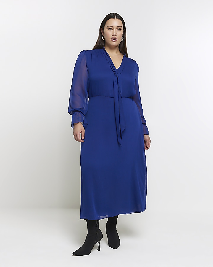 Plus blue chiffon tie neck swing maxi dress | River Island