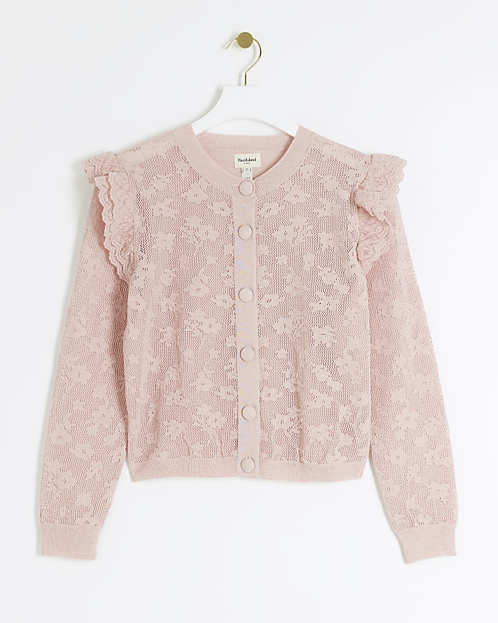 Pink floral lace frill cardigan River Island