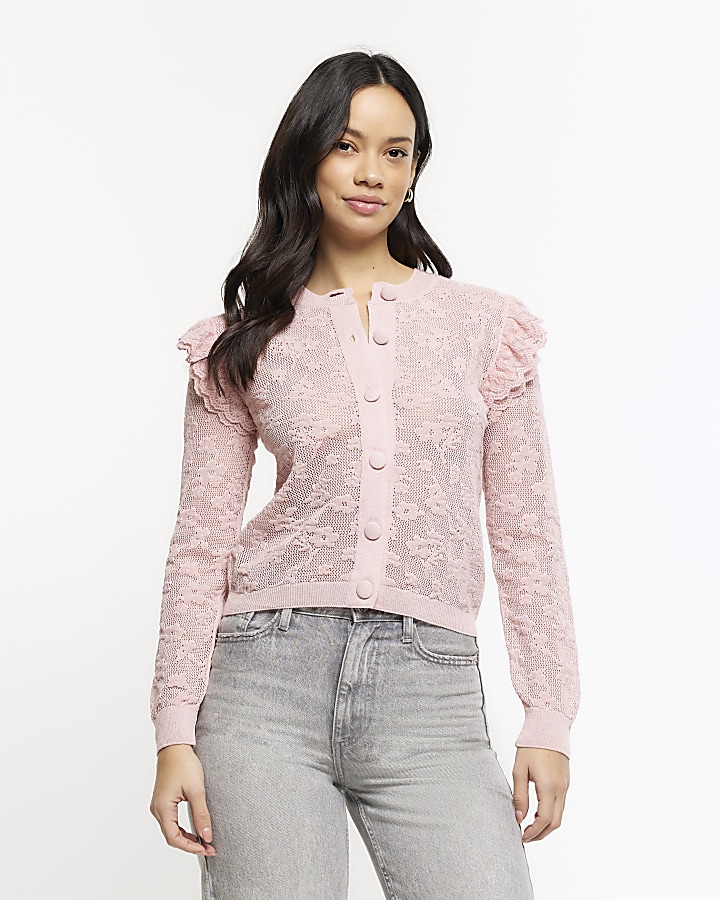 Pink floral lace frill cardigan
