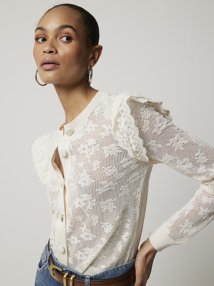 Beige floral lace frill cardigan