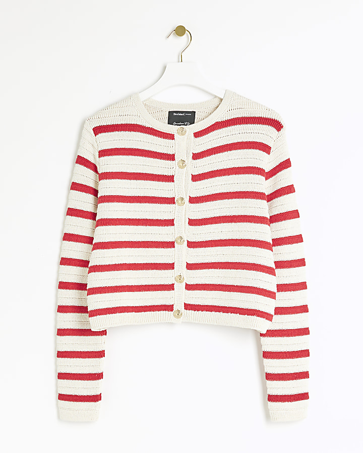 Red Stripe Textured Knit Cardigan