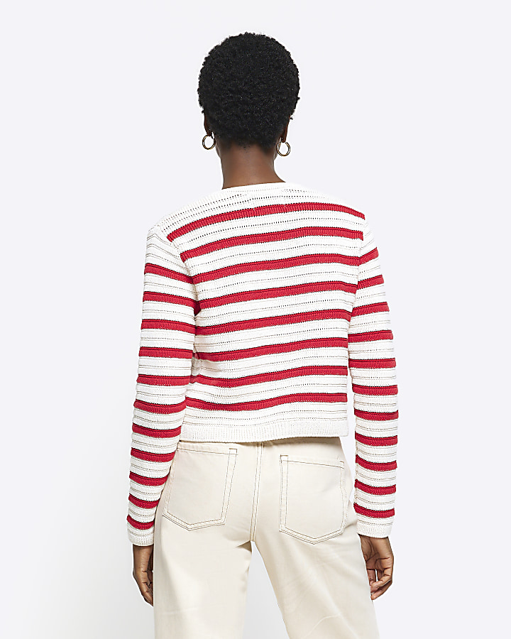Red Stripe Textured Knit Cardigan