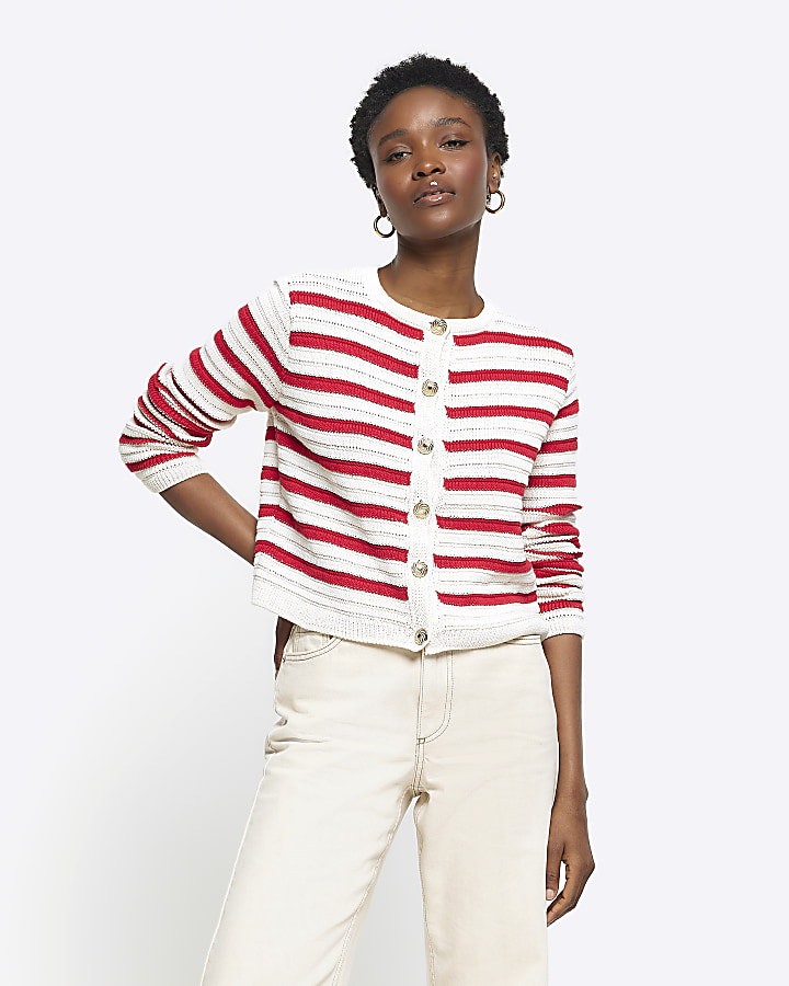 Red Stripe Textured Knit Cardigan