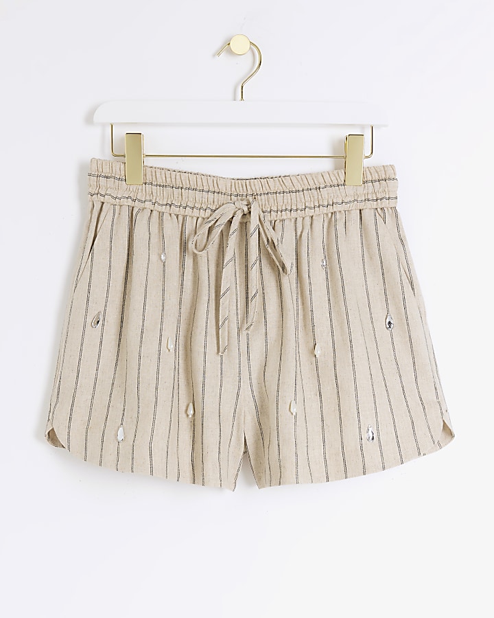 Cream Stripe Embellished Shorts
