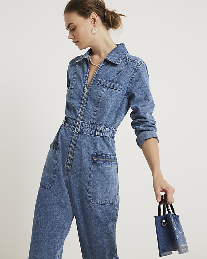 Blue zip up denim jumpsuit