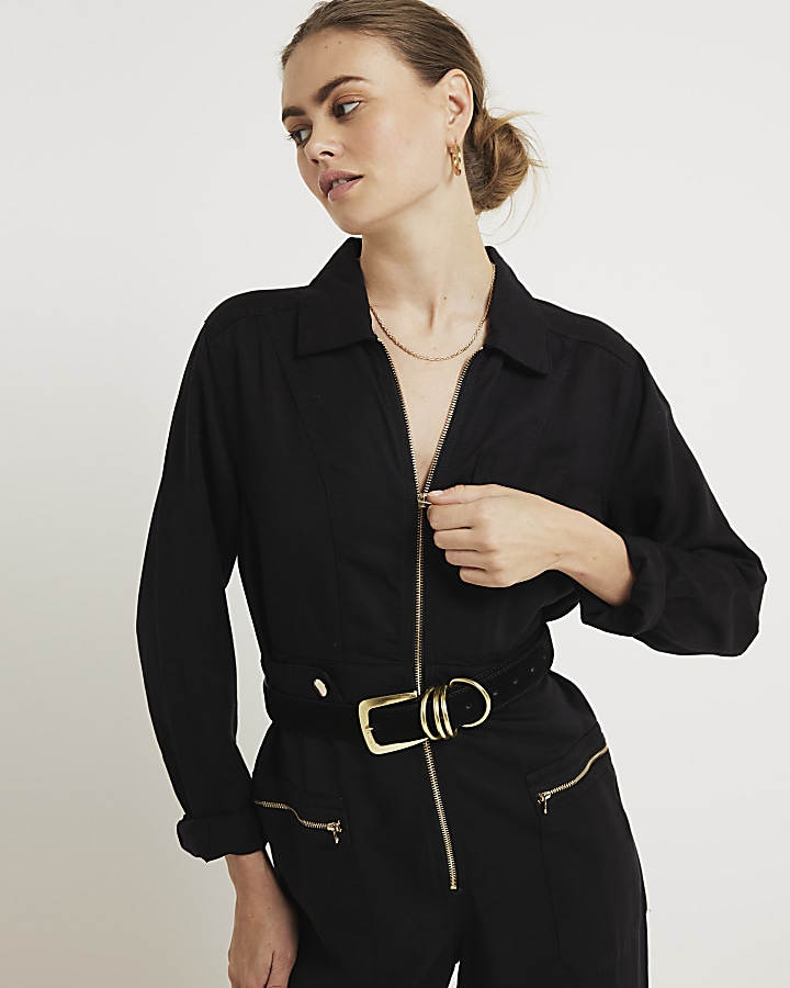 Hollow out high neck irregular zip-up jumpsuit