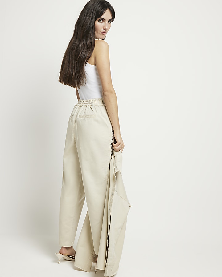 Beige embellished straight chino trousers