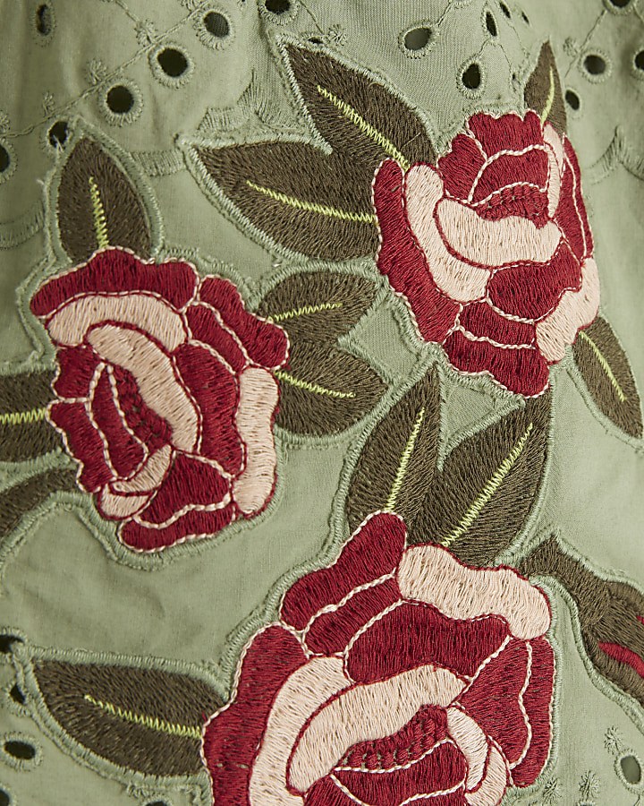 Khaki broderie embroidered tie up vest top
