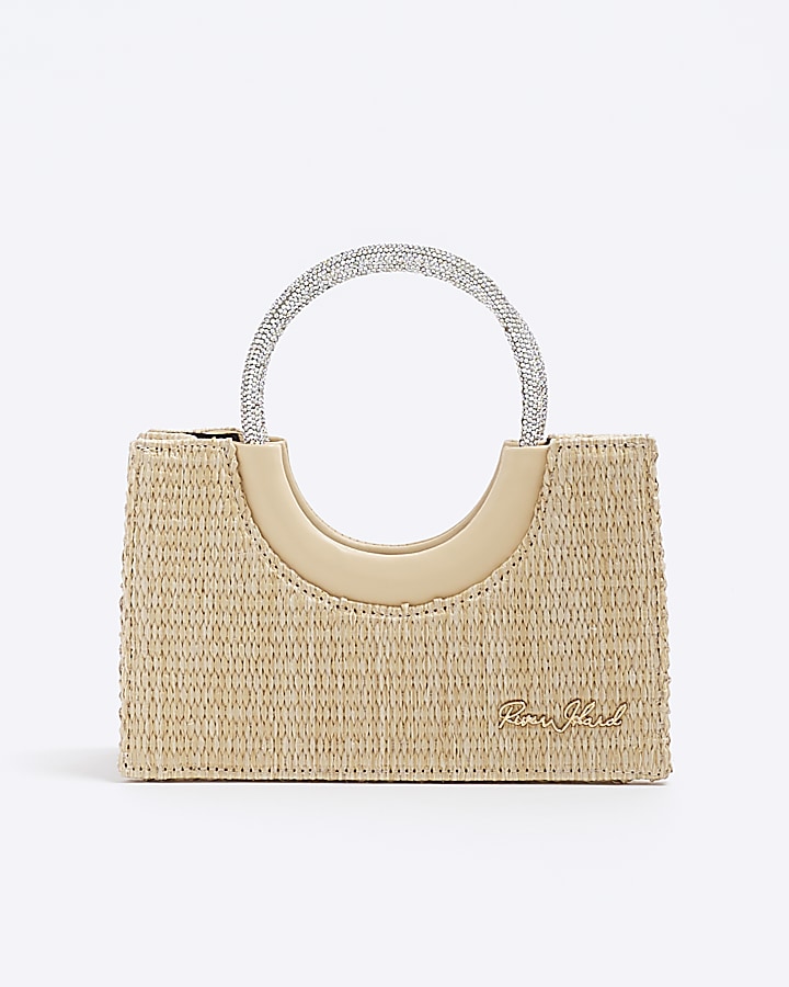 Beige raffia diamante handle cross body bag