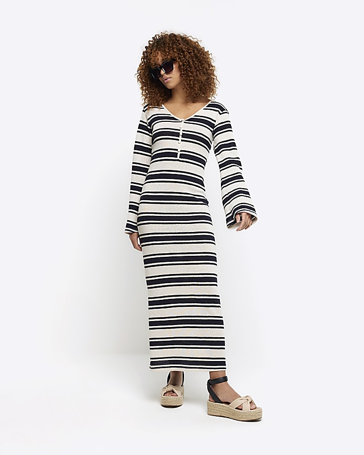 Navy crochet stripe bodycon maxi dress River Island