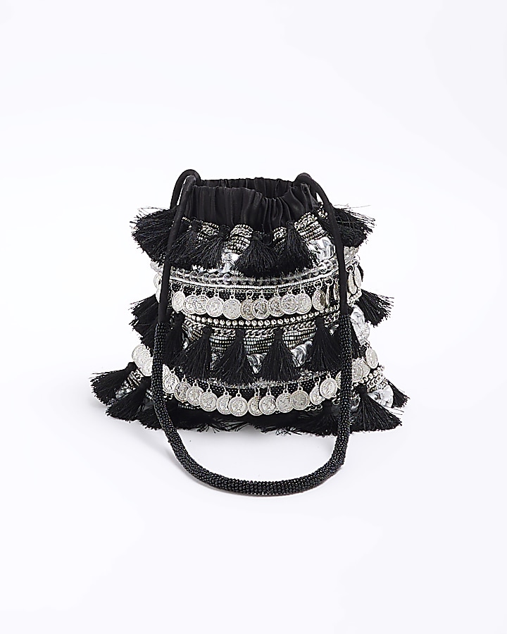 Black embellished coin shoulder bag